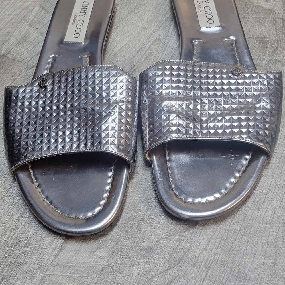 Jimmy Choo Metallic Silver Slide Sandals with Textured Strap